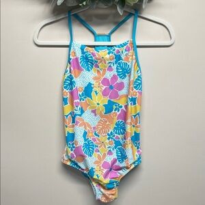 Speedo Girls One Piece Swimsuit Thin Straps Floral Turkish Sea Blue Print XL